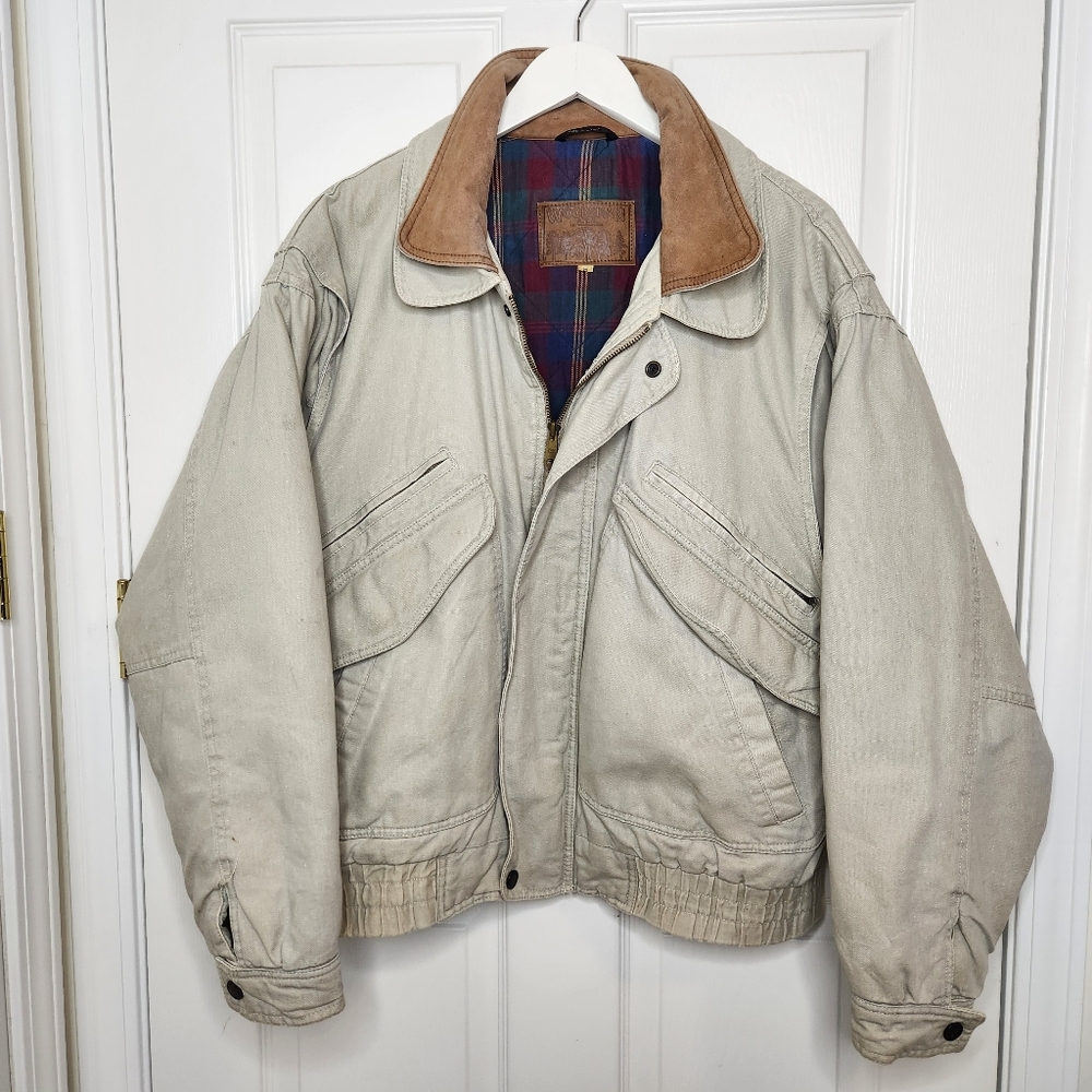 Men's Woodsman A.T.A. Beige Canvas Jacket Flannel Lining Leather Collar Medium